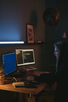 Female programmer working on cybersecurity projects at home, typing code on dual monitors.